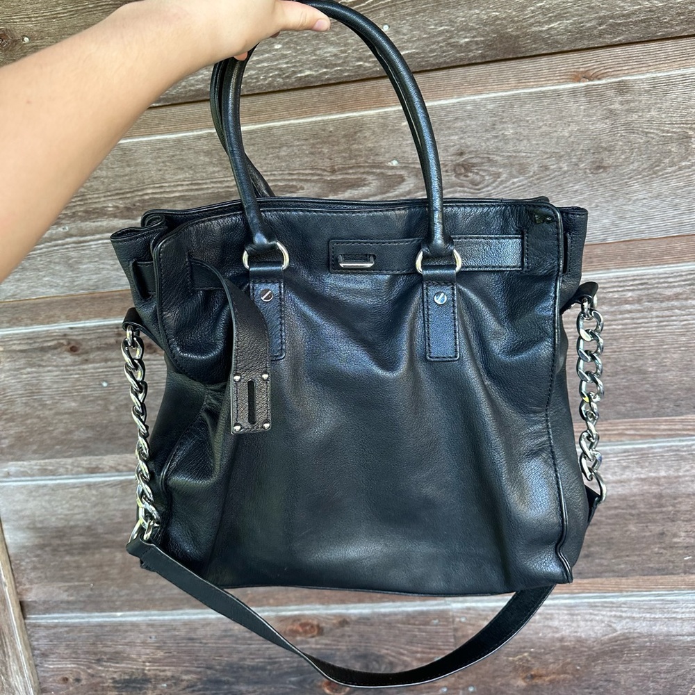 Michael Kors Hamilton Satchel Tote Leather Bag Black with Silver  Chain